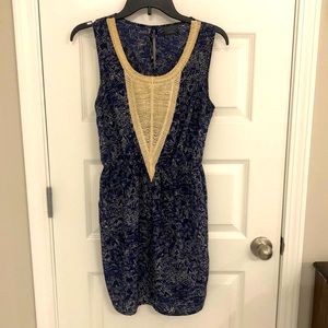 Blue mini-dress with white lined pattern and lace design (has pockets!)